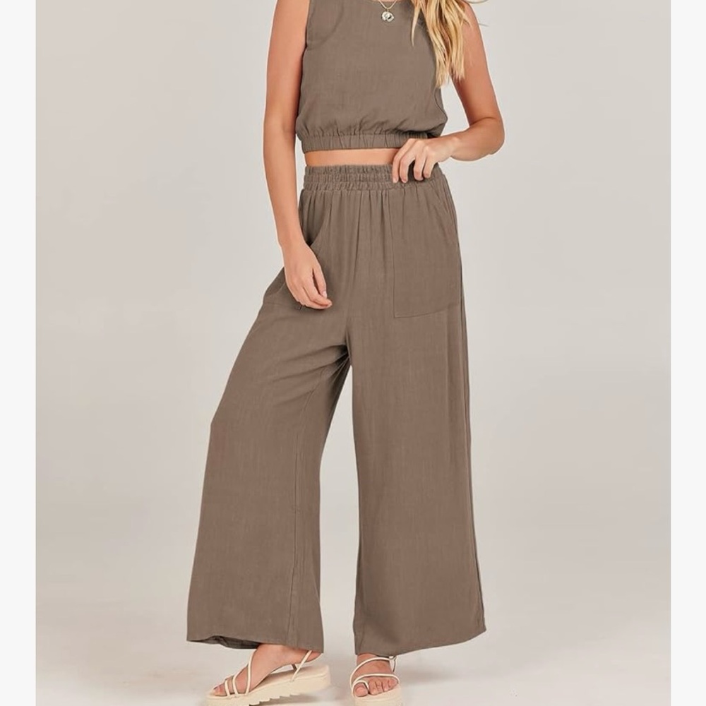 ANRABESS Women’s Summer Travel Set Sleeveless Crop Top and Wide Leg Pant XL